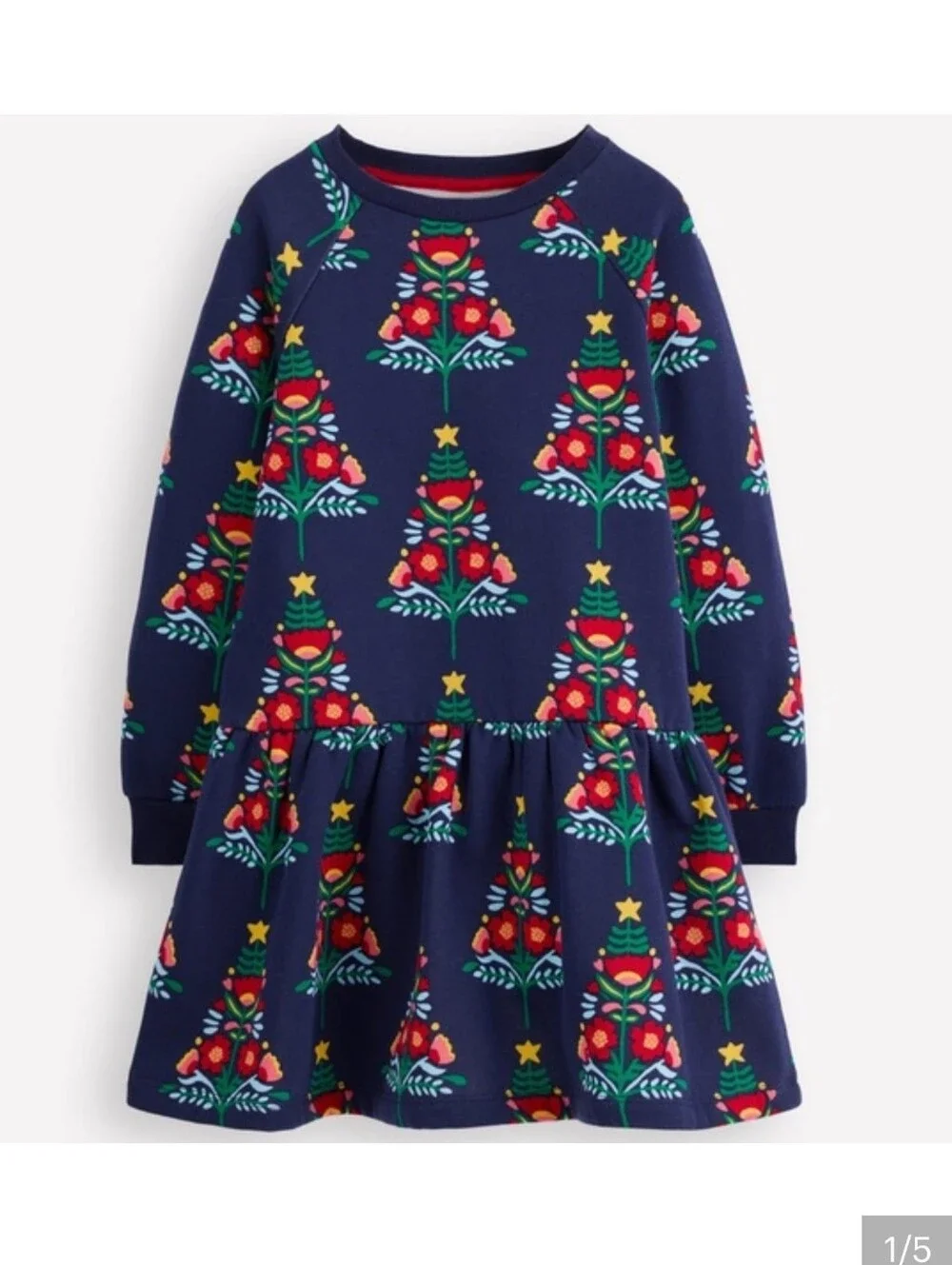 MINI BODEN Navy Christmas Trees Cosy Sweatshirt Dress Size 2-3 Yeats